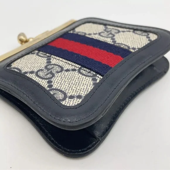 Auth Gucci GG Canvas Navy Blue Sherry Line Coin Case /Wallet W/Box - Picture 10 of 15